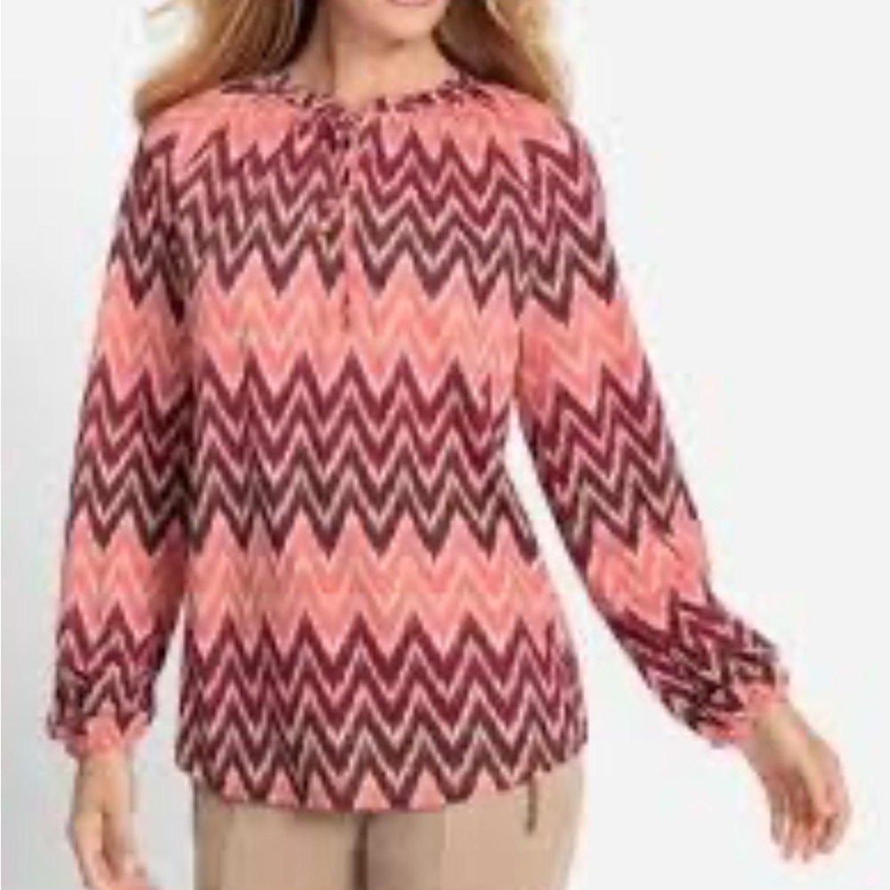 Olsen Hannah Cotton Modal Blend Pink Burgundy Chevron Geometric M/L Blouse